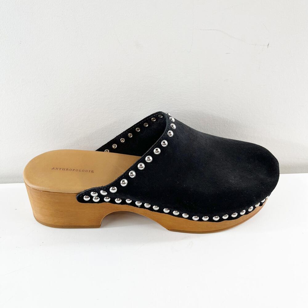 Anthropologie Studded Trim Wood Bottom Clogs Black 40 / US 9.5 / 10 - Picture 2 of 10